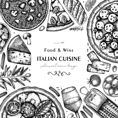 Italian cuisine frame design in sketch style. Hand drawn pizza, pasta, risotto with mushrooms, and canape. Mediterranean food vector background